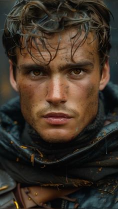 a close up of a man with freckles on his face and scarf around his neck