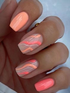 coral square nails with swirl designs Uñas Color Coral, Ombre Nail Design, Coral Nails With Design, Unghie Sfumate, Coral Nails