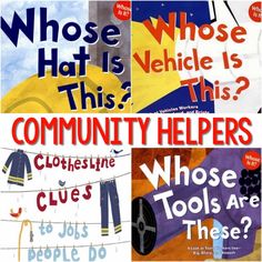 four posters with different types of clothes hanging on clotheslines and the words whose hat is this?, community helpers whos tools are those?