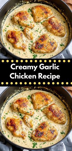 two pans filled with creamy garlic chicken and gravy on top of each other