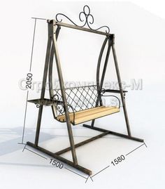 a metal swing chair with wooden seat and backrests measurements for the frame, including height