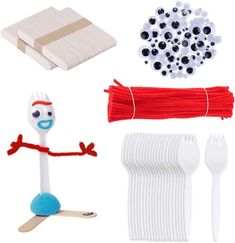 the contents of a doll's play food set including forks, spoons and other items