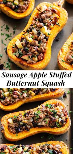 an image of stuffed butternut squash with sausage and apple stuffing in it on a baking sheet