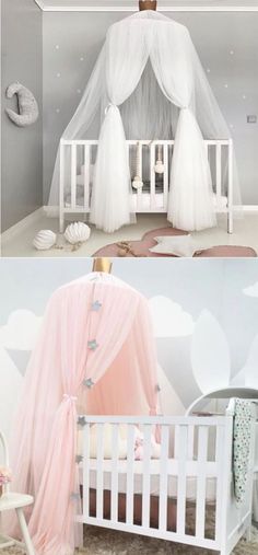 two pictures of a baby's room with pink and white decor