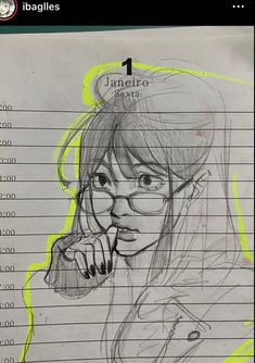 a drawing of a woman with glasses on top of a piece of paper that has lines drawn