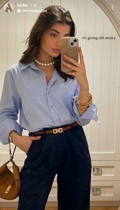 Old Money Lawyer Outfits, Blue Top Work Outfit, Striped Polo Shirt Outfit Women, Navy Blue Dress Pants Outfit, Button Up Shirt Women Outfit, Blue And White Striped Shirt Outfit Work, Navy Blue Dress Pants Outfit Women, Blue Elegant Outfit, Blue Shirt Outfits Women