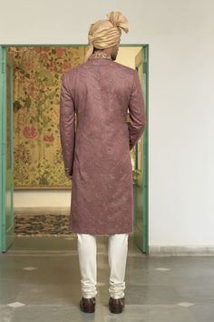 Blush pink sherwani with all over woven paisley patterns and sequin embellishments. Comes with inner kurta and churidar. - Aza Fashions Formal Pink Kurta With Dabka Details, Elegant Pink Sherwani With Dabka Detailing, Pink Traditional Wear For Eid, Pink Kurta With Zari Work For Formal Occasions, Designer Pink Sherwani With Pallu Detail, Formal Pink Kurta With Zari Work, Designer Pink Sherwani With Pallu, Pink Straight Kurta For Formal Occasions, Pink Kurta For Formal Transitional Events