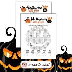 two halloween word search puzzles with pumpkins and jack - o'lanterns on them