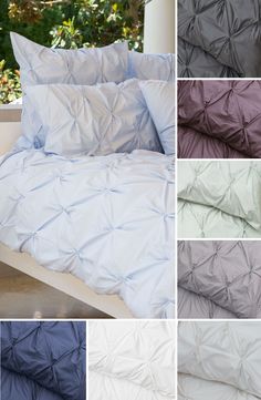 four different colors of bed sheets and pillows