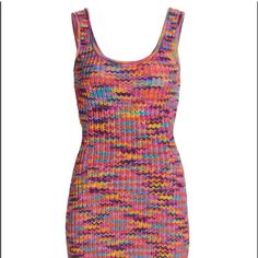 This Melange Knit Tank Dress Is Designed With An Above-The-Knee Length. Scoopneck And Back Pullover Style 100% Polyester Dry Clean Imported Multicolor Ribbed Dresses For Spring, Spring Ribbed Multicolor Dress, Spring Multicolor Ribbed Dresses, Casual Multicolor Knit Mini Dress, Pink Sleeveless Knit Mini Dress, Multicolor Sleeveless Knitted Dress, Multicolor Knitted Sleeveless Dress, Spring Multicolor Knitted Dresses, Calypso Dress