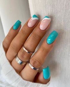 Nail Design Gold, Wave Nails, Turquoise Nails, Milky Nails, Summer Nail Art, Nagel Tips, Short Square Nails, Summery Nails