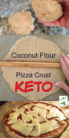 there are two pictures with different types of food on them and the words coconut flour pizza crust keto