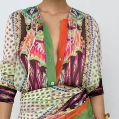 Genuine Zara New With Tag Material: Color: Green, Orange, Purple Colorful Printed Blouse With Feather Trim. Casual Glam For Warm Seasons. Chic Multicolor Zara Blouse, Zara Multicolor Floral Print Blouse, Vibrant Multicolor Print V-neck Blouse, Zara V-neck Printed Tops, Coral Blouse, Zara Multicolor Long-sleeved Blouse, Floral Bodysuit, Casual Glam, Balloon Sleeve Top