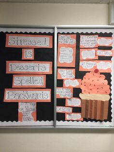 two bulletin boards with different types of desserts on them