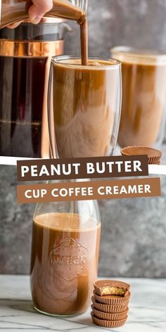 peanut butter cup coffee creamer is being poured into a jar