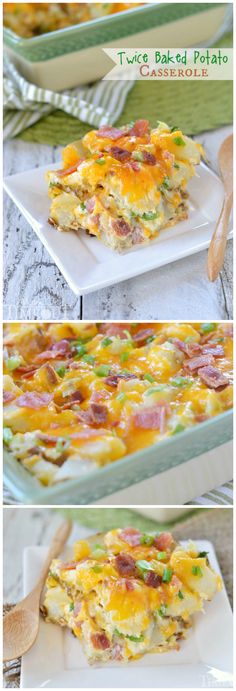 three different views of an omelet with bacon, cheese and green onions on it