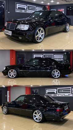 three different shots of a black car parked in a garage