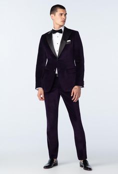 The history of the velvet suit is as rich as the fabric itself. Worn by royalty for centuries before being co-opted by urban bohemians in the 70s and 80s... The list goes on and on. What better way to join the legacy than with the Harford Velvet Tuxedo? Purple Velvet Suit, Black Tie Wedding Guest Attire, Purple Tuxedo, Creative Black Tie, Gray Suits, Suits Black, Velvet Tuxedo, Velvet Purple, Blue Suits