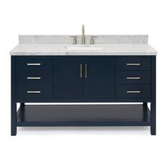 an image of a bathroom vanity with marble counter top and blue cabinetry on white background