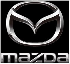 the mazda logo is shown in black and white, with silver letters on it's side