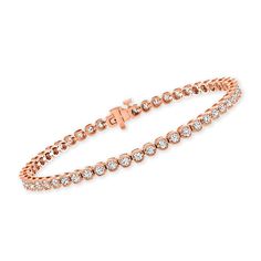 Ross-Simons - 2.00ct t. w. Bezel-Style Diamond Tennis Bracelet in Gold. 7". Delightfully dazzling, this 2.00 ct. t. w. bezel-style diamond tennis bracelet is a winner all around. Beautifully crafted in rosy 14kt rose gold, this stunning style features interlinking milgrain-edged round bezel-style frames with 56 round brilliant-cut diamonds. Single-latch safety. Push-button clasp, bezel-style diamond tennis bracelet. Diamond birthstones are the perfect gift for April birthdays. Anniversary Rose Gold Tennis Bracelet With Brilliant Cut, Bracelet Diamond, Valentines Sale, Stunning Style, Diamond Birthstone, Diamond Tennis Bracelet, Natural Gold, Fine Jewelry Bracelets, Tennis Bracelet Diamond