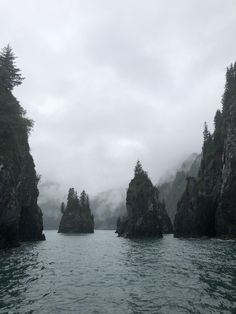 some very pretty rocks in the water by some trees and foggy skies on a gloomy day