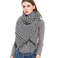 Top Rated Winter 140 *40CM Stitching Warm Scarf Shawl Scarf Plush Ladies Houndstooth Scarf, Winter Accessories Shawl Black, Houndstooth Scarf, Leaf Scarf, Black Shawl, Stylish Scarves, Cashmere Shawl, White Houndstooth, Wool Shawl, Warm Scarf