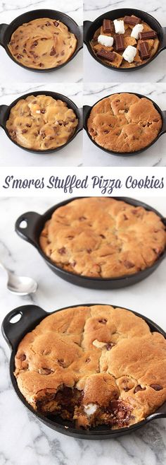 chocolate chip skillet cake with marshmallows in it and on the side