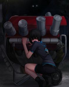 a person kneeling down in front of a machine with some cans on it's back