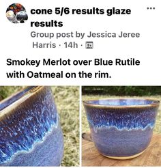 a blue and white cup sitting on top of a wooden table