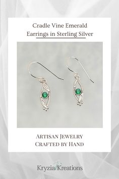 Adorn your ears with these elegant leaf-adorned emerald earrings that are inspired by the curves and fluidity of leafy vines and carefully crafted by hand from sterling silver.  See more about these emerald drop earrings at KryziaKreationsStudio.com Emerald Drop Earrings, Emerald Earrings Drop, Earrings Emerald, Emerald Earrings, Recycled Sterling Silver, Earrings Sterling Silver