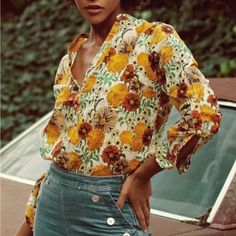 Fabulous Hippie, Boho Floral Blouse. Full Length Sleeve That Can Roll-Up. V-Neck With Some Gold Buttons. 100% Cotton Light Weight Blouse. 29” Length Medium Armpit To Armpit = 20” Large Armpit To Armpit = 21.5” X-Large Armpit To Armpit = 22” Yellow Printed Blouse For Summer, Yellow V-neck Blouse For Fall, Orange Printed V-neck Blouse, Daywear V-neck Blouse With Floral Print, Yellow Long Sleeve Blouse For Beach, Yellow Long Sleeve Blouse For The Beach, Floral Print V-neck Blouse For Daywear, Orange V-neck Blouse For Day Out, Yellow Summer Printed Blouse