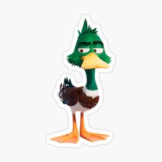 the angry birds sticker is green and brown with an orange beak, while it's standing on its hind legs