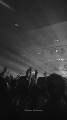 a black and white photo of people at a concert with their hands in the air