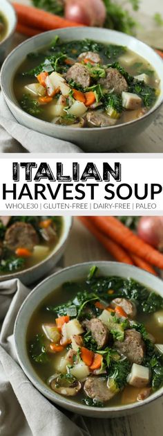 two bowls of italian harvest soup with carrots, kale and meat in it