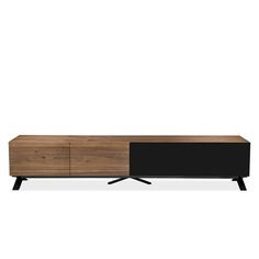 the sideboard is made out of wood and black metal