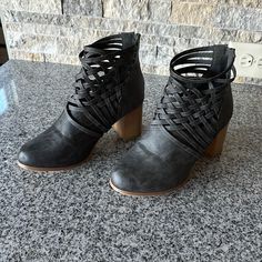 3 In Heel, Brand New!! Super Cute!! Smoke Free Home Casual Lace-up Heels With Wrapped Heel, Casual Ankle-high Boots With Wrapped Heel, Casual Lace-up Heels With Stacked Heel, Gray Lace-up Boots For Spring, Mom Dresses, Snakeskin Ankle Boots, Ankle Cowboy Boots, Gray Boots, Brown Leather Heels