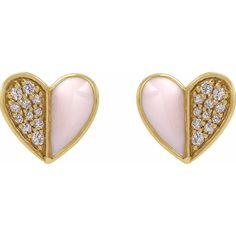 Add a touch of love to any outfit with these Enamel and Diamond Heart Earrings. Featuring sparkling diamonds and pretty pink enamel, these heart stud earrings are sure to bring a smile to your face (and your ears)! Perfect for a playful and fun-loving look. Heart Stud Earrings with Diamonds and Pink Enamel Light Pink Enamel 0.10 carats Natural Diamonds Set in 14K Yellow Gold