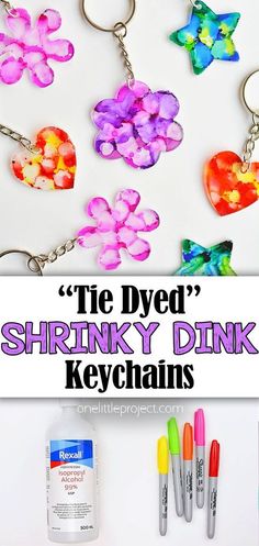 the diy shrinky drink keychains are made with plastic flowers and hearts