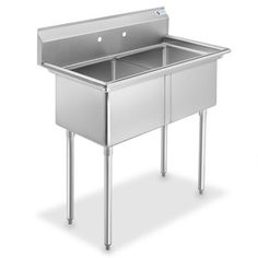 a stainless steel sink with two compartments and legs