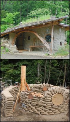 two pictures of an old stone house with grass on the roof and another photo of a building made out of rocks