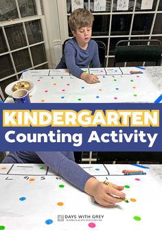 two children sitting at a table with the words, kindergarten counting activity