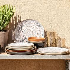 a table topped with plates and bowls next to a potted plant on top of a wooden shelf