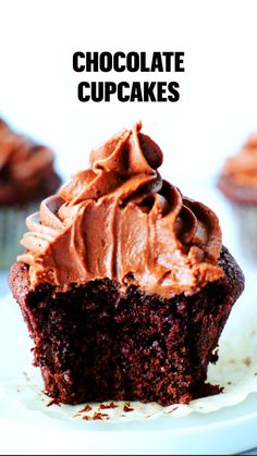 chocolate cupcakes with frosting on top and the words chocolate cupcakes above them