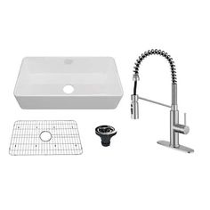 the sink and faucet are shown in this image, with accessories for it