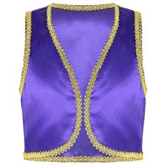 a women's purple top with gold trimmings and beading on the shoulders