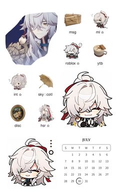 an anime character is depicted in the calendar for july 2013, with other items to choose from