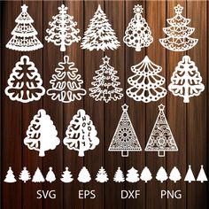 christmas tree cut outs are shown on a wooden background with the words svg files