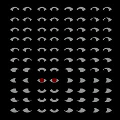 an abstract black and white pattern with red eyes in the center, against a black background