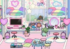 a room filled with lots of furniture and decor on top of a pink carpeted floor